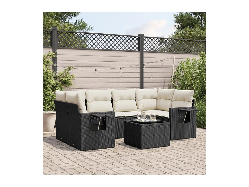 Set Divani da Giardino con Cuscini 7pz Nero Polyrattan
