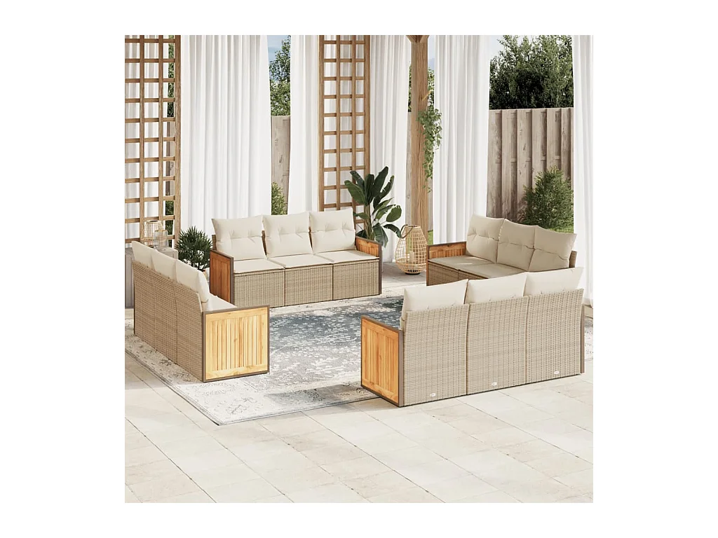 Salon de jardin avec coussins 12 pcs beige résine tressée