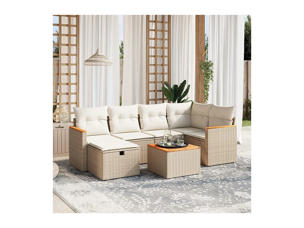 7-tlg. Garten-Sofagarnitur mit Kissen Beige Poly Rattan