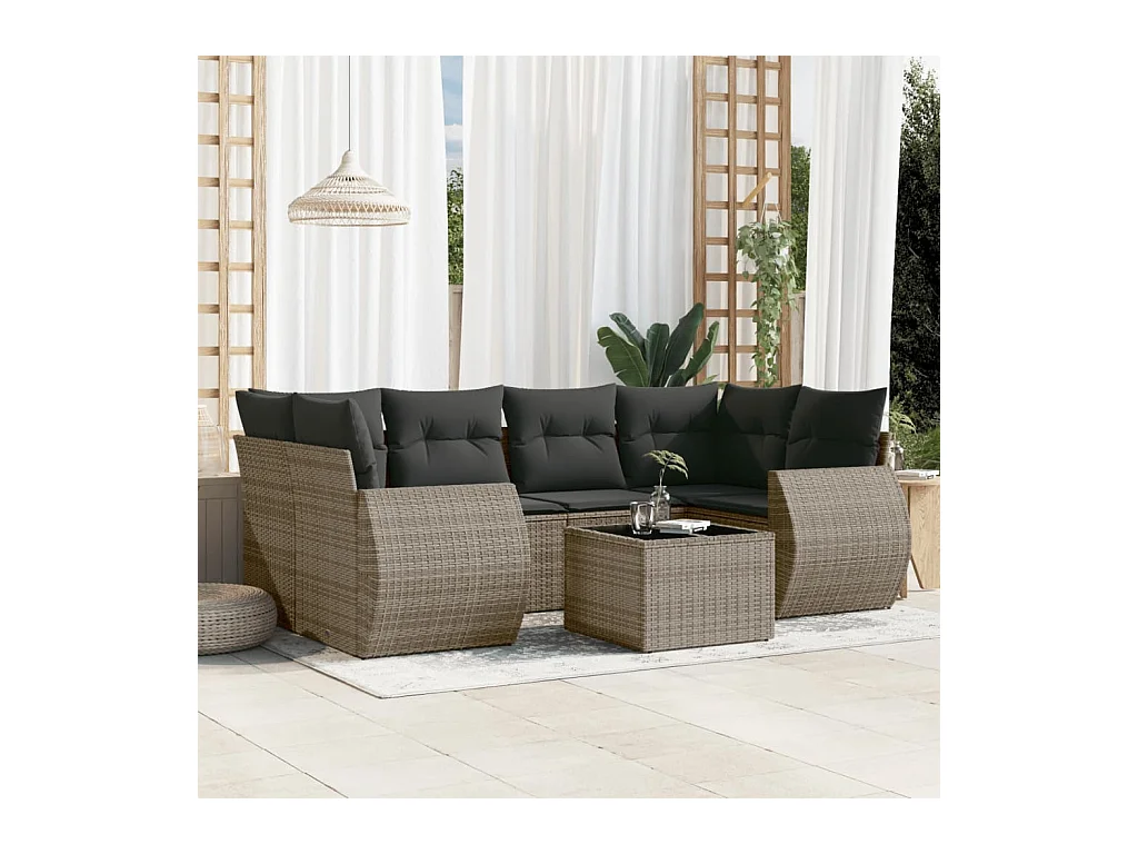Salon de jardin avec coussins 7 pcs gris résine tressée