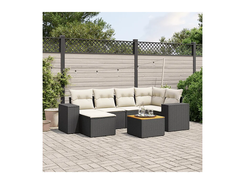 Salon de jardin 7 pcs avec coussins noir résine tressée