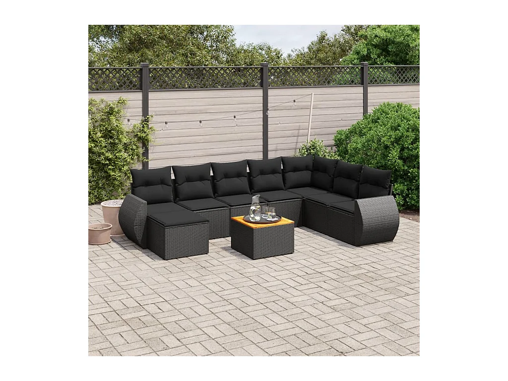 Salon de jardin 9 pcs avec coussins noir résine tressée