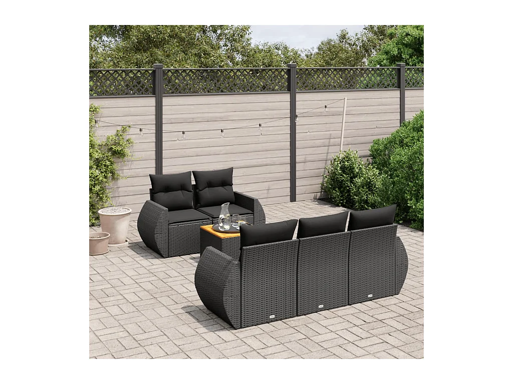 Salon de jardin 6 pcs avec coussins noir résine tressée
