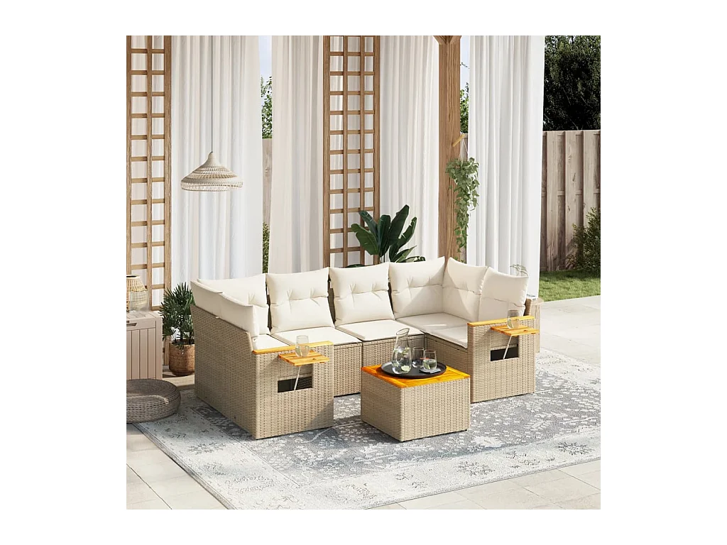 7 pcs conjunto de sofás p/ jardim com almofadões vime PE bege