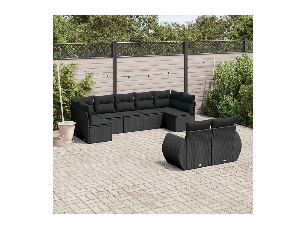 9-delige Loungeset met kussens poly rattan zwart