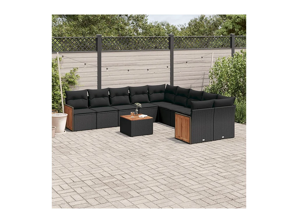 11-delige Loungeset met kussens poly rattan zwart