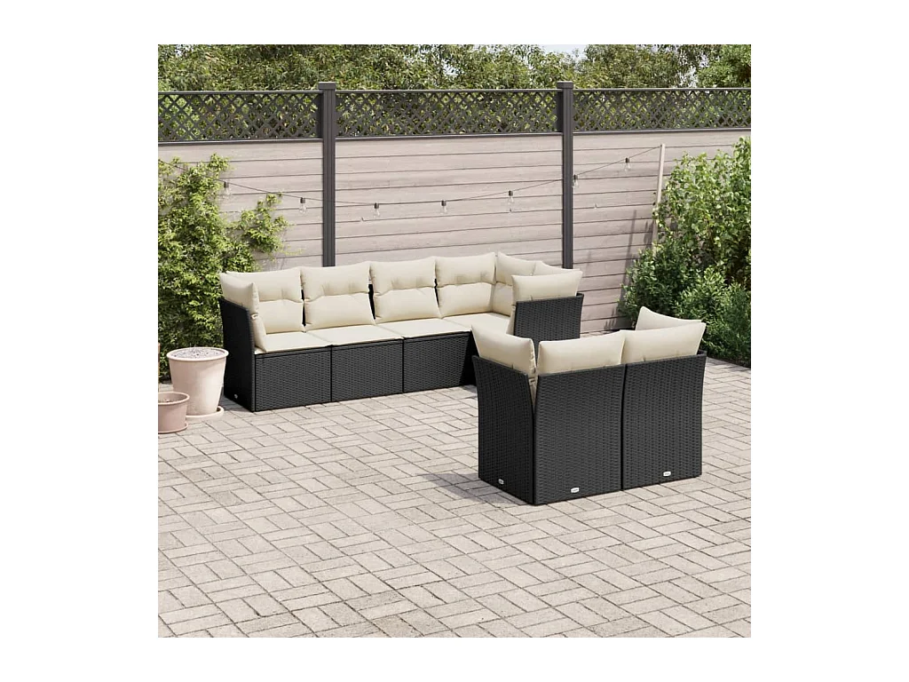 Salon de jardin 7 pcs avec coussins noir résine tressée