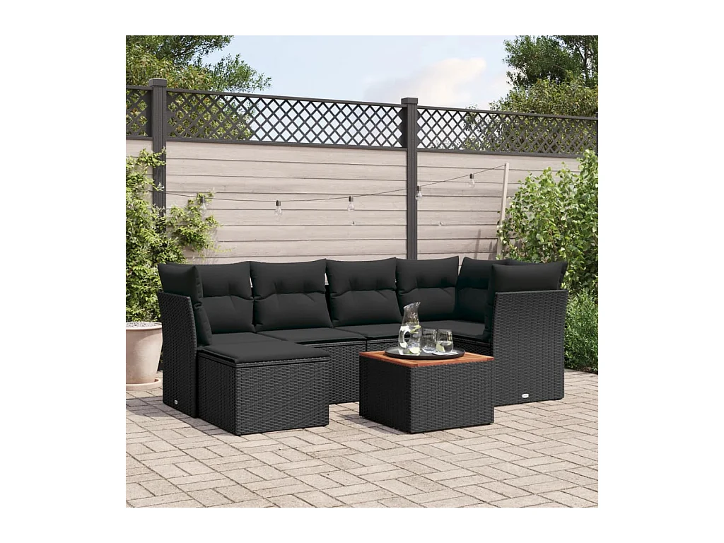 Salon de jardin 7 pcs avec coussins noir résine tressée