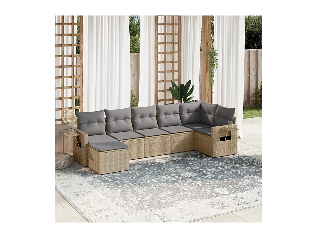 7-delige Loungeset met kussens poly rattan beige