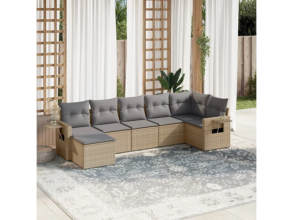 7-tlg. Garten-Sofagarnitur mit Kissen Beige Poly Rattan