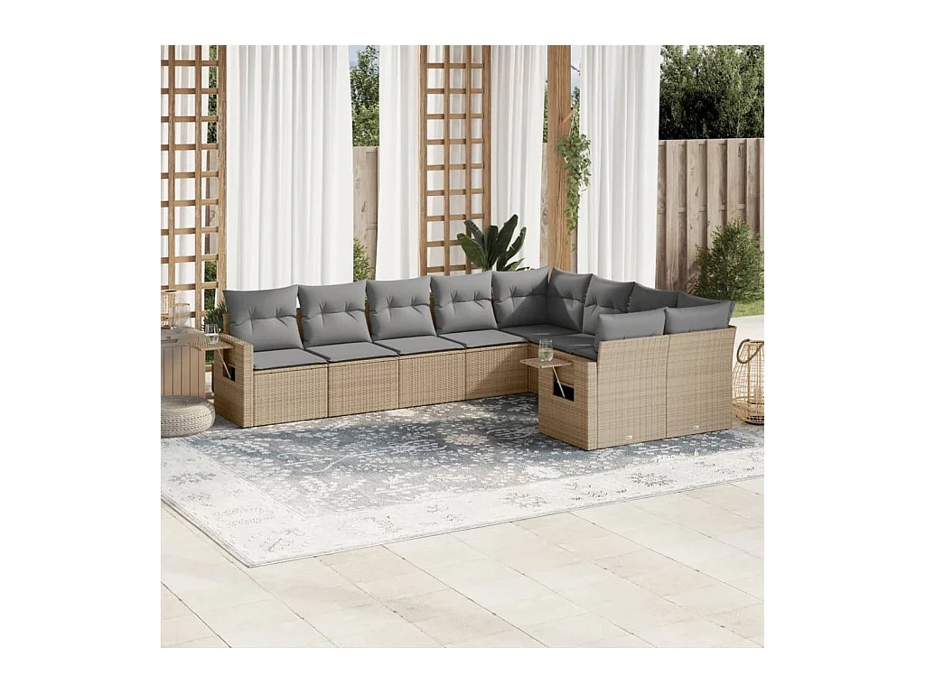 9-tlg. Garten-Sofagarnitur mit Kissen Beige Poly Rattan