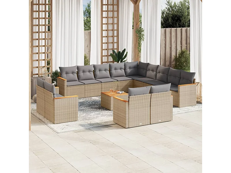 Set Divani da Giardino 14pz con Cuscini in Polyrattan Beige