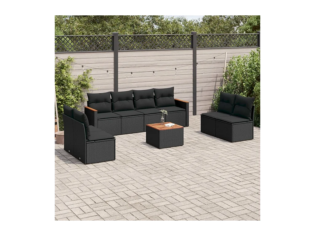 Salon de jardin 9 pcs avec coussins noir résine tressée