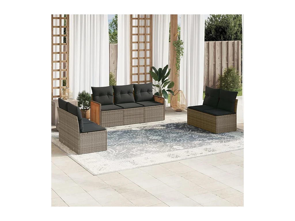 Set de sofás de jardín 7 piezas con cojines ratán PE gris