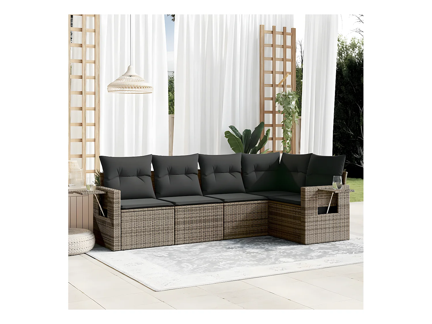 Salon de jardin 5 pcs avec coussins gris résine tressée