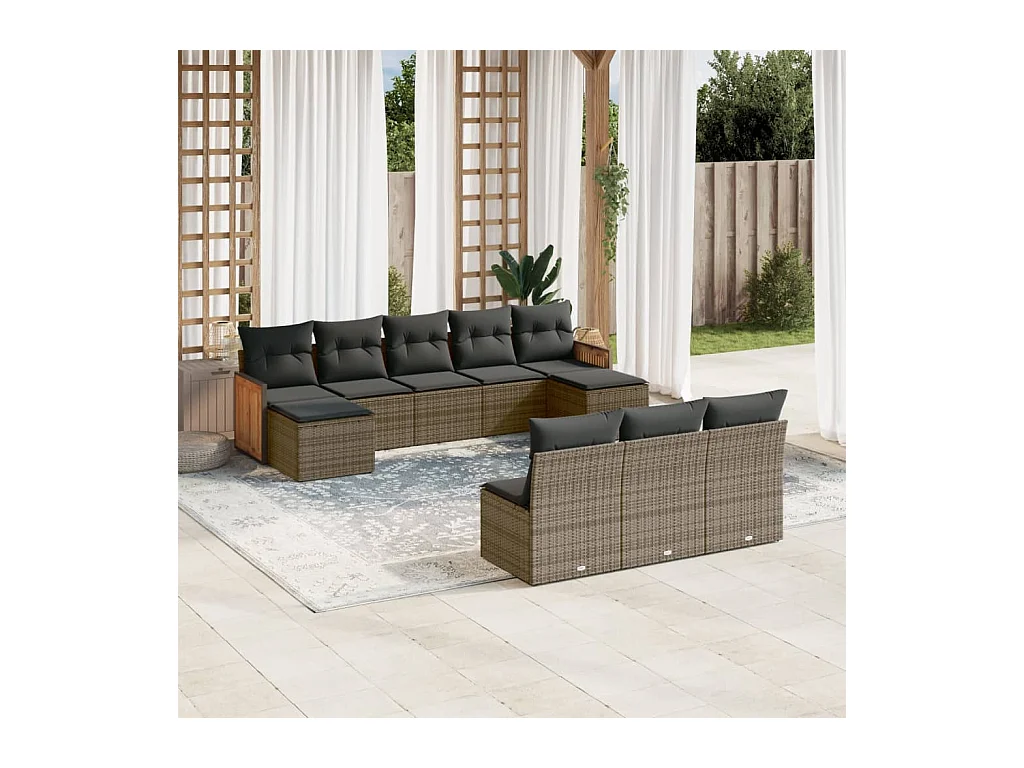 Set Divano da Giardino 10 pz con Cuscini Grigio in Polyrattan