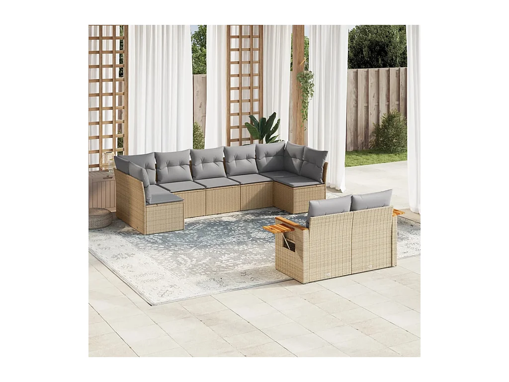 Set Divano da Giardino 9 pz con Cuscini Beige in Polyrattan