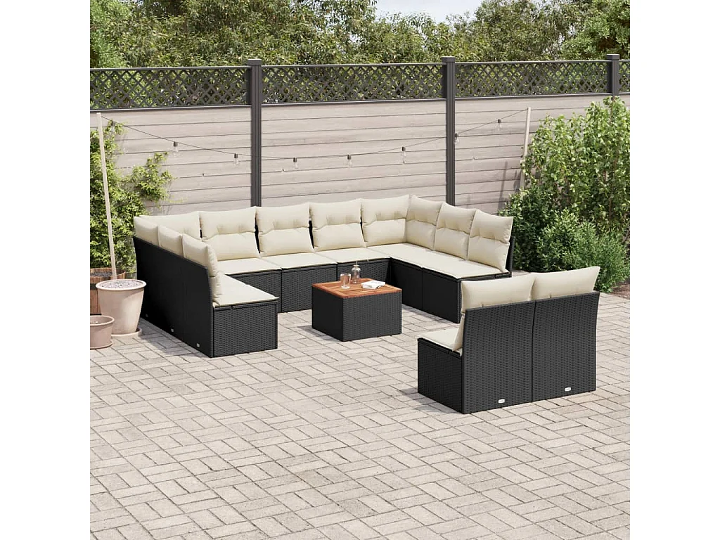 12-delige Loungeset met kussens poly rattan zwart