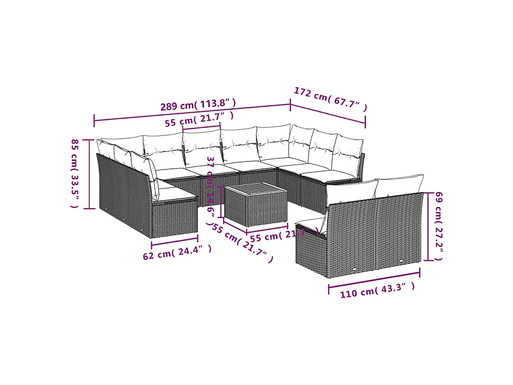 12-delige Loungeset met kussens poly rattan zwart
