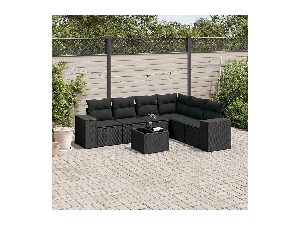 Salon de jardin 7 pcs avec coussins noir résine tressée