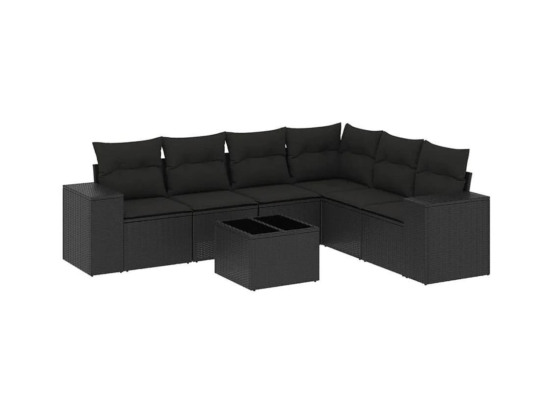 Salon de jardin 7 pcs avec coussins noir résine tressée