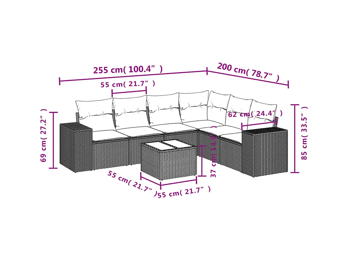 Salon de jardin 7 pcs avec coussins noir résine tressée