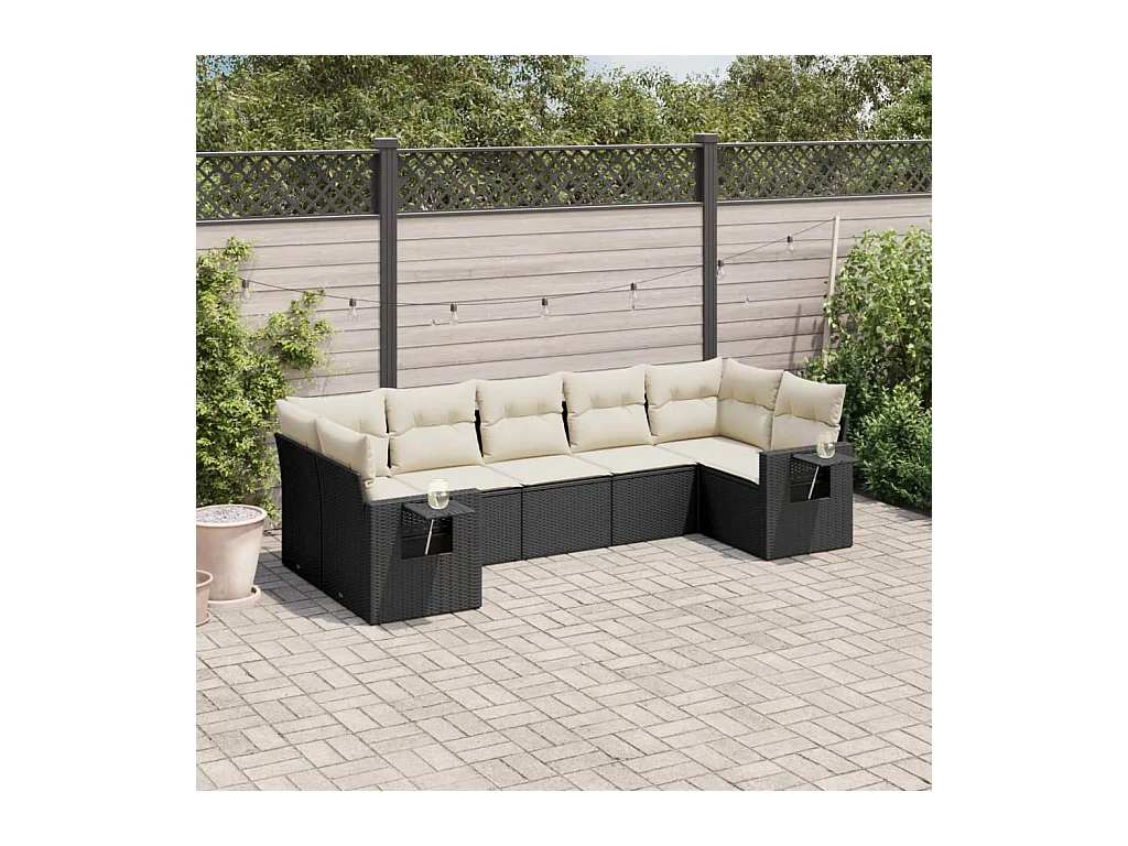 7-tlg. Garten-Sofagarnitur mit Kissen Schwarz Poly Rattan