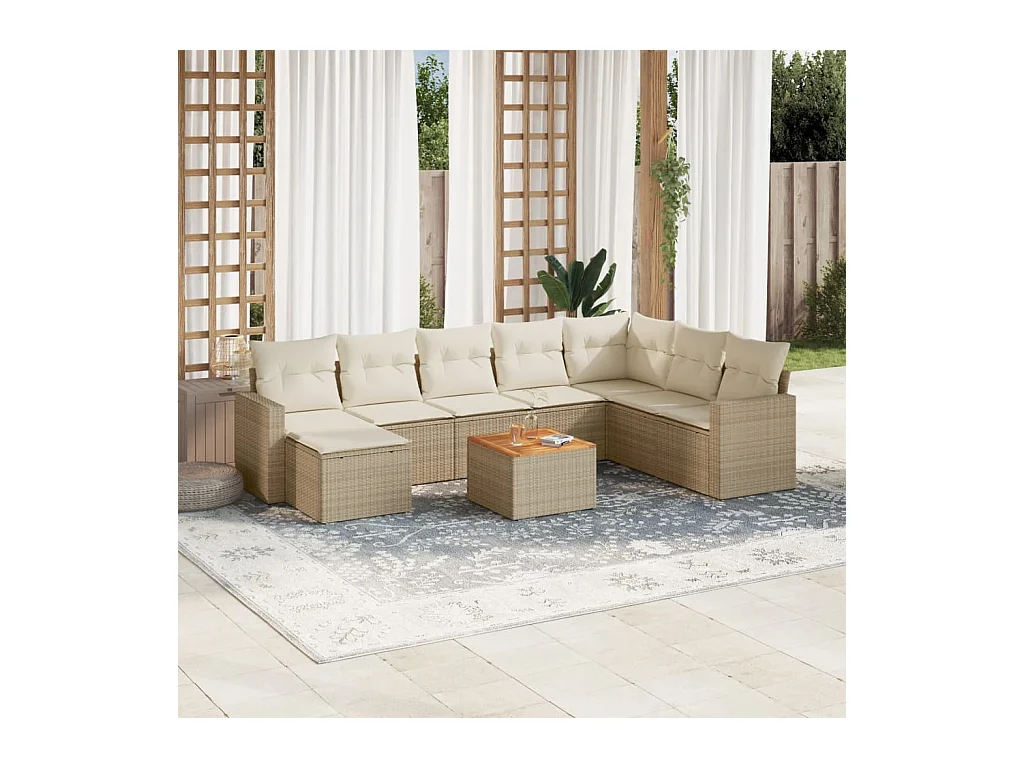 Set Divano da Giardino 9 pz con Cuscini Beige in Polyrattan