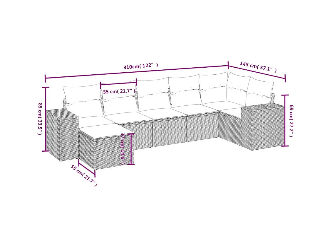 7-tlg. Garten-Sofagarnitur mit Kissen Schwarz Poly Rattan