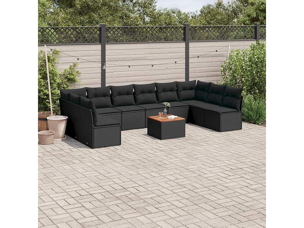 Salon de jardin 11 pcs avec coussins noir résine tressée