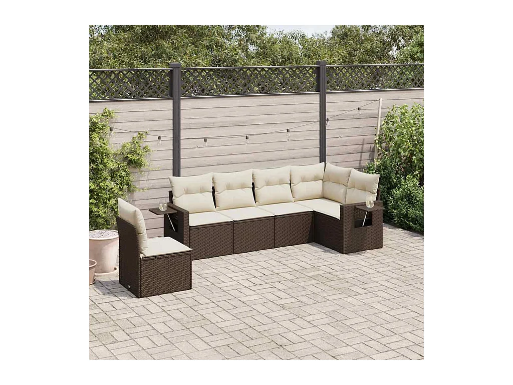 Set Divano da Giardino 6 pz con Cuscini Marrone in Polyrattan