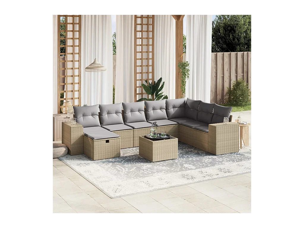9-delige Loungeset met kussens poly rattan gemengd beige