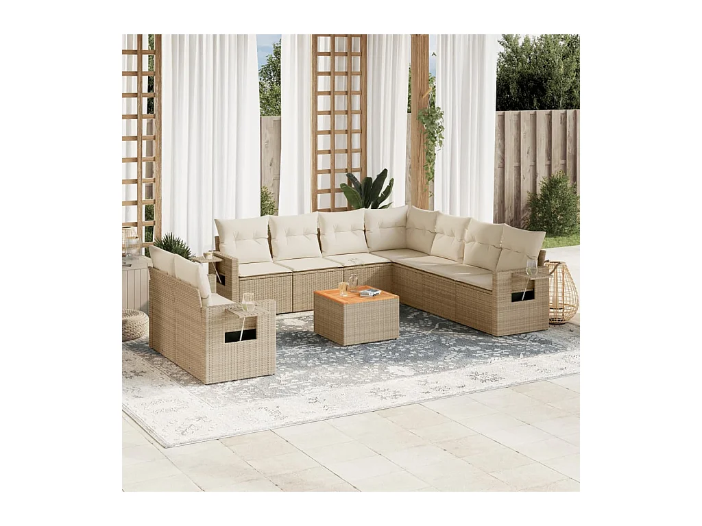 Salon de jardin avec coussins 10 pcs beige résine tressée