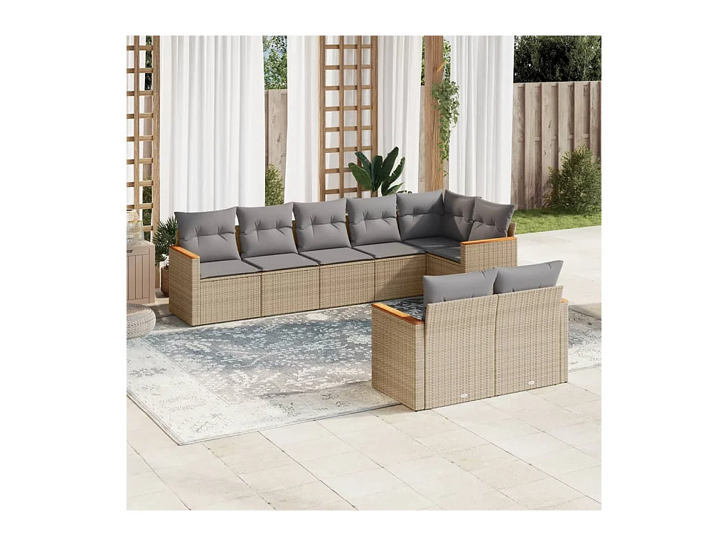 8 pcs conj. sofás jardim c/ almofadões vime PE bege misturado