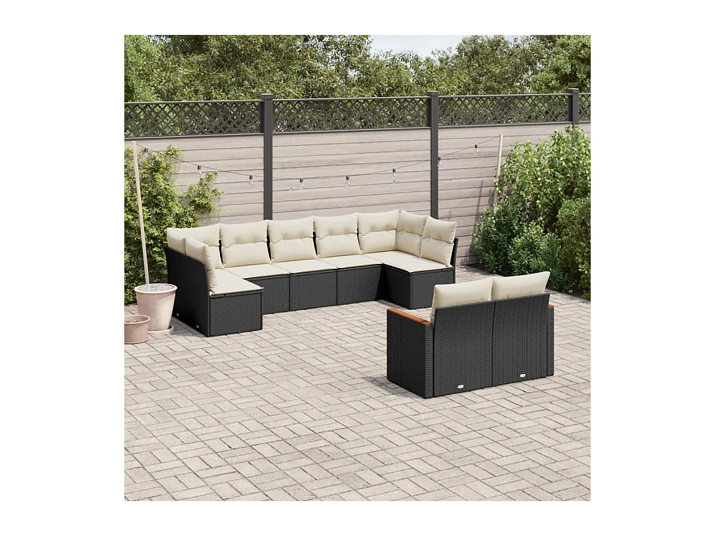 Set Divani da Giardino 9 pz con Cuscini Nero in Polyrattan
