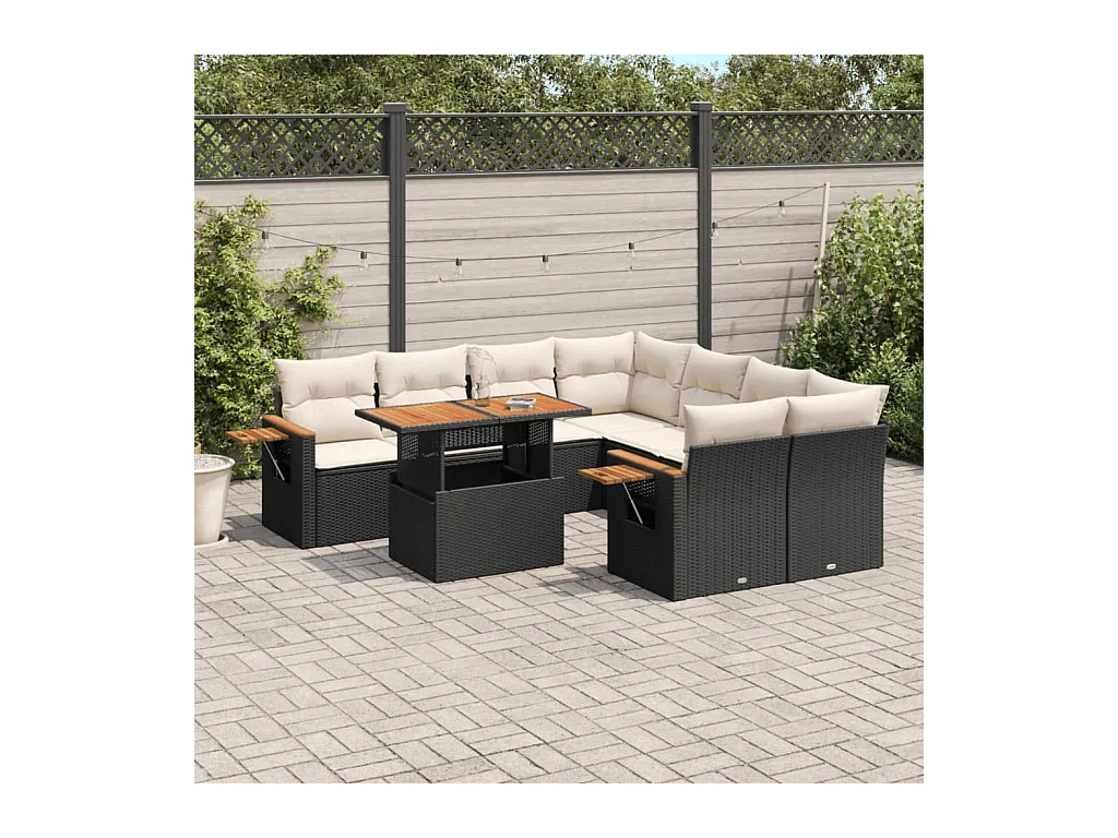Salon de jardin 9 pcs avec coussins noir résine tressée