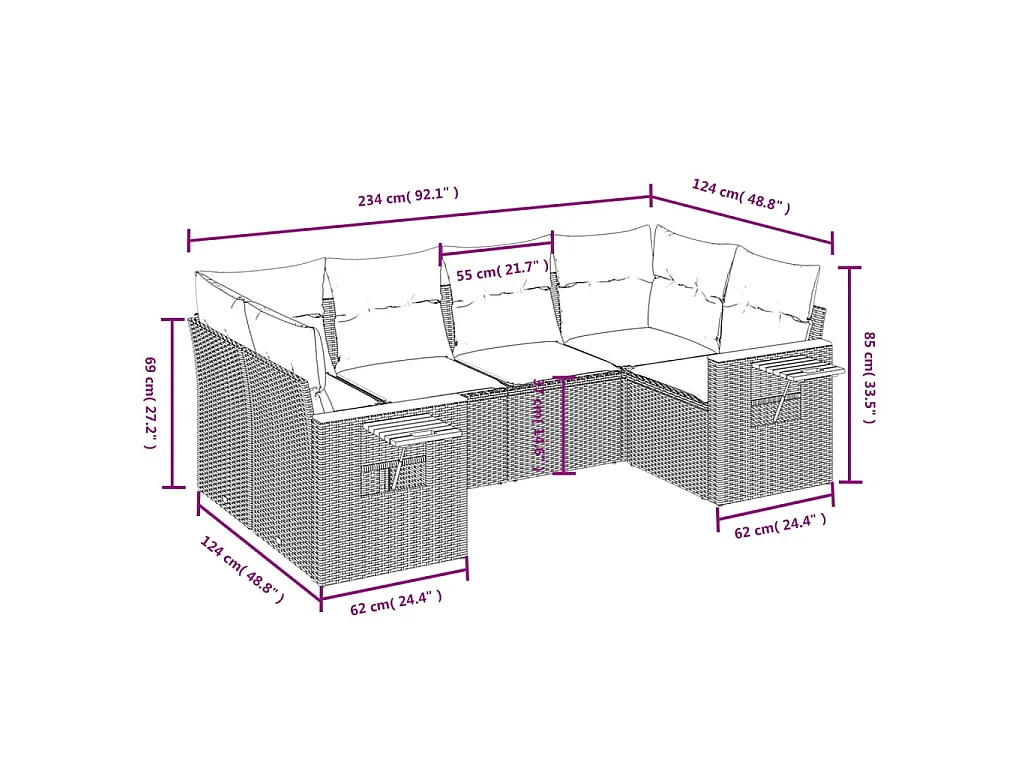 Salon de jardin 6 pcs avec coussins gris résine tressée