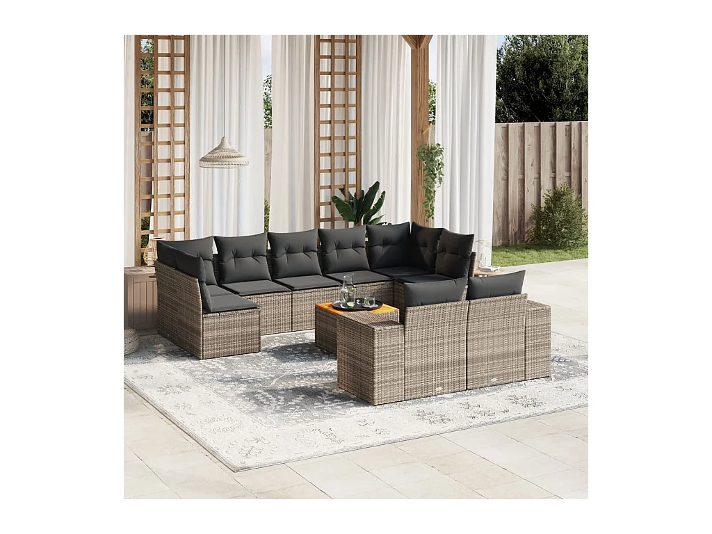Set Divano da Giardino 10 pz con Cuscini Grigio in Polyrattan