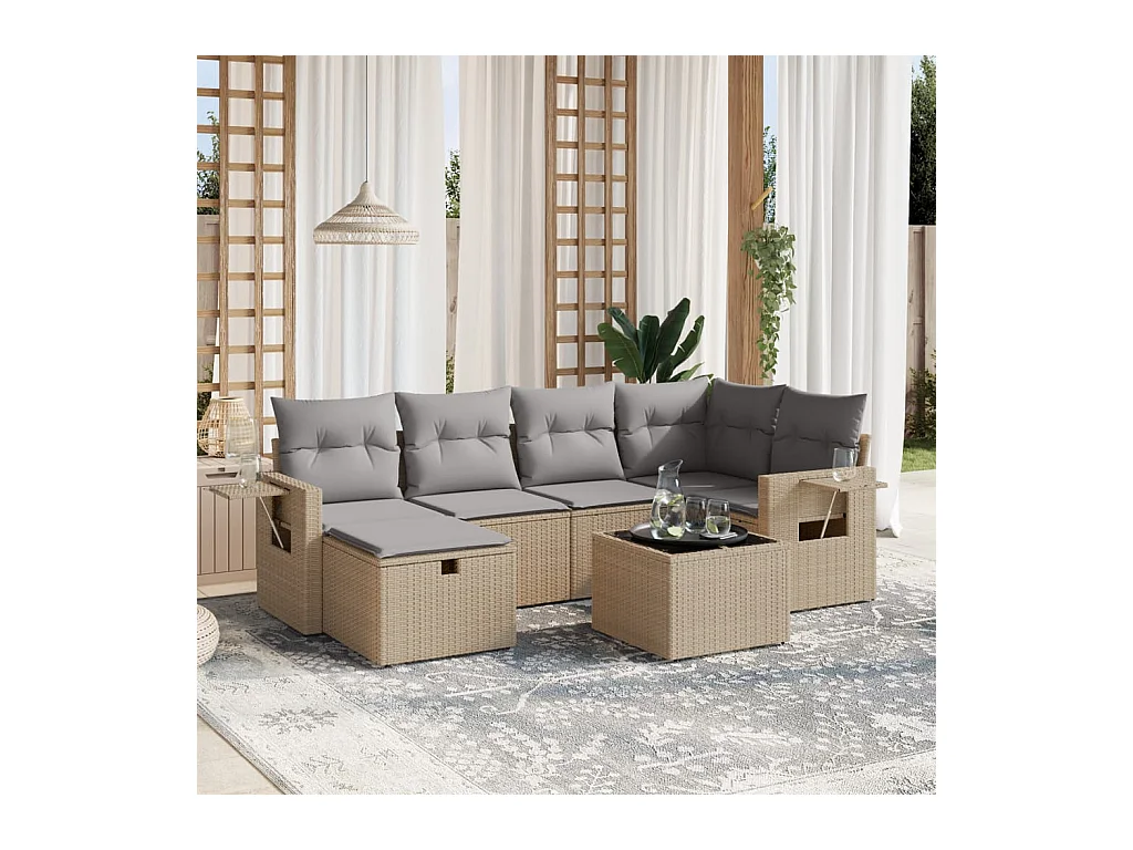 Juego de sofás jardín con cojines beige mezcla 7 pzas ratán PE
