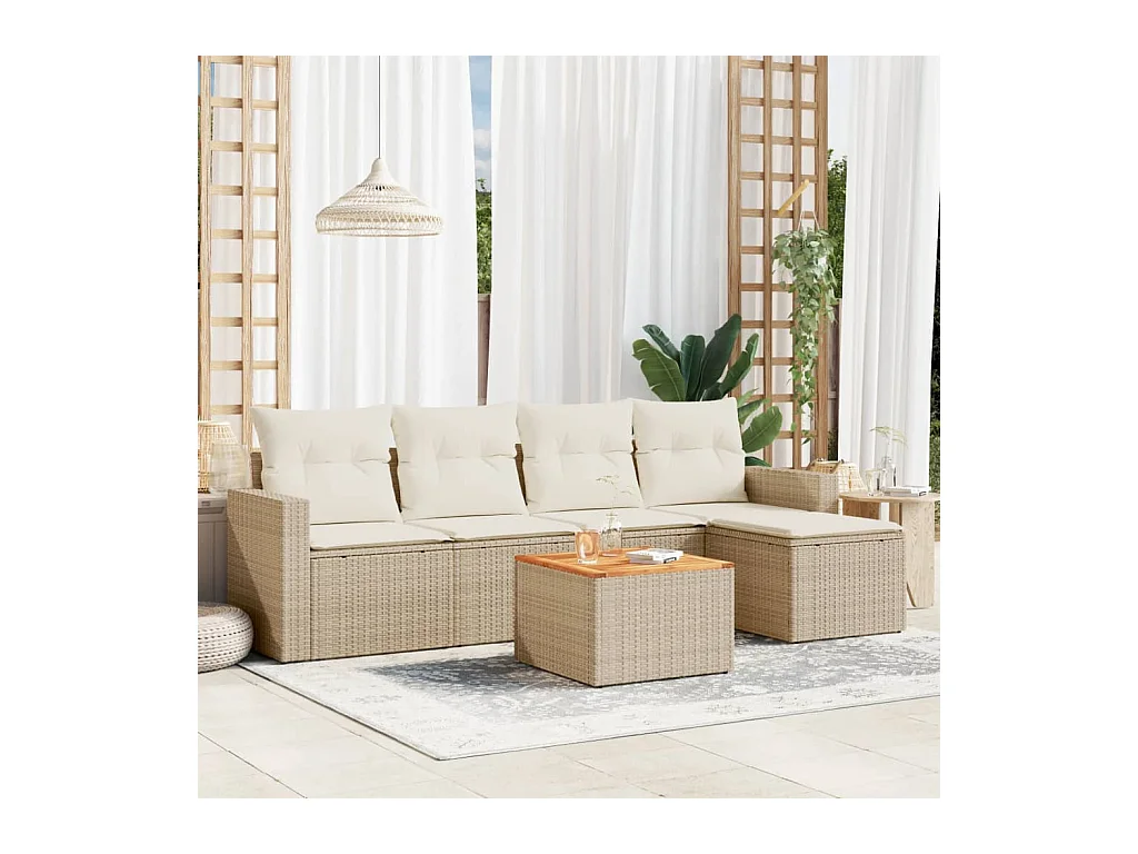 6-delige Loungeset met kussens poly rattan beige