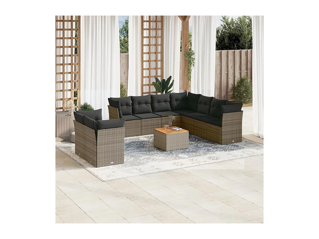 10-delige Loungeset met kussens poly rattan grijs