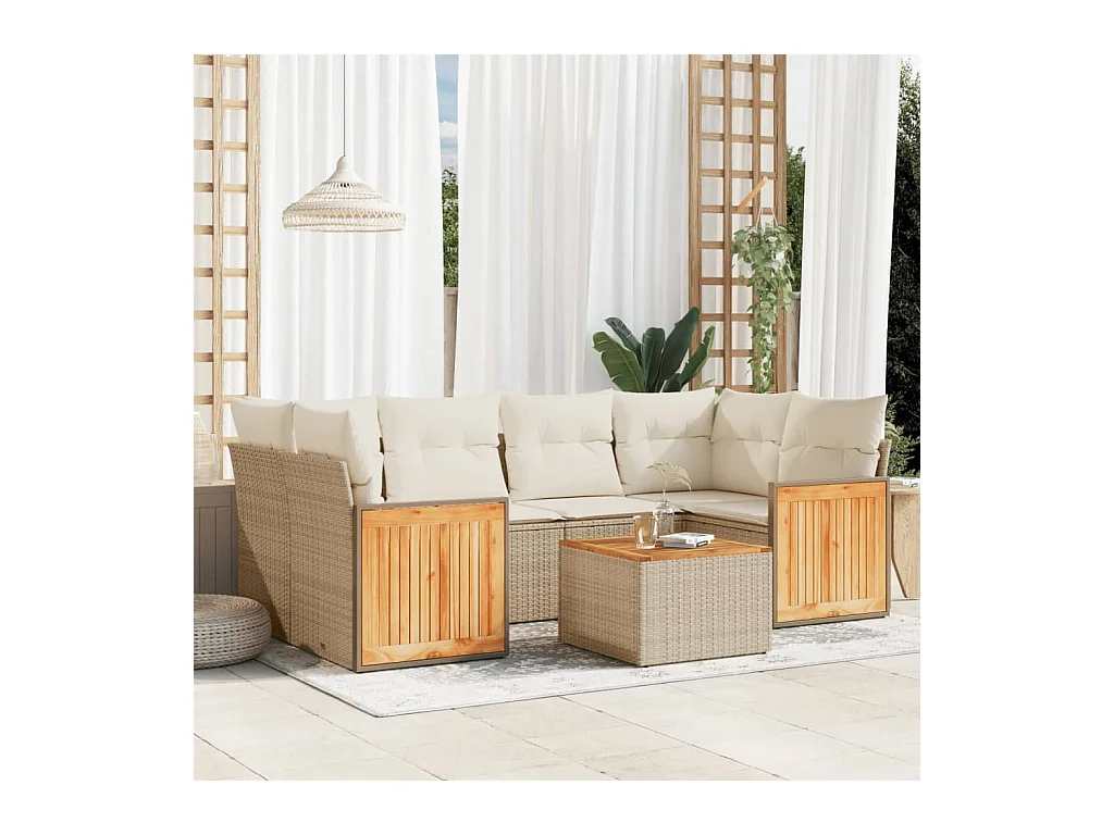 Salon de jardin avec coussins 7 pcs beige résine tressée
