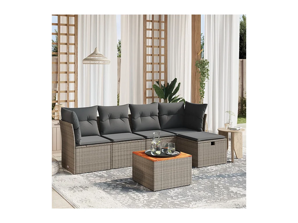 Salon de jardin 6 pcs avec coussins gris résine tressée
