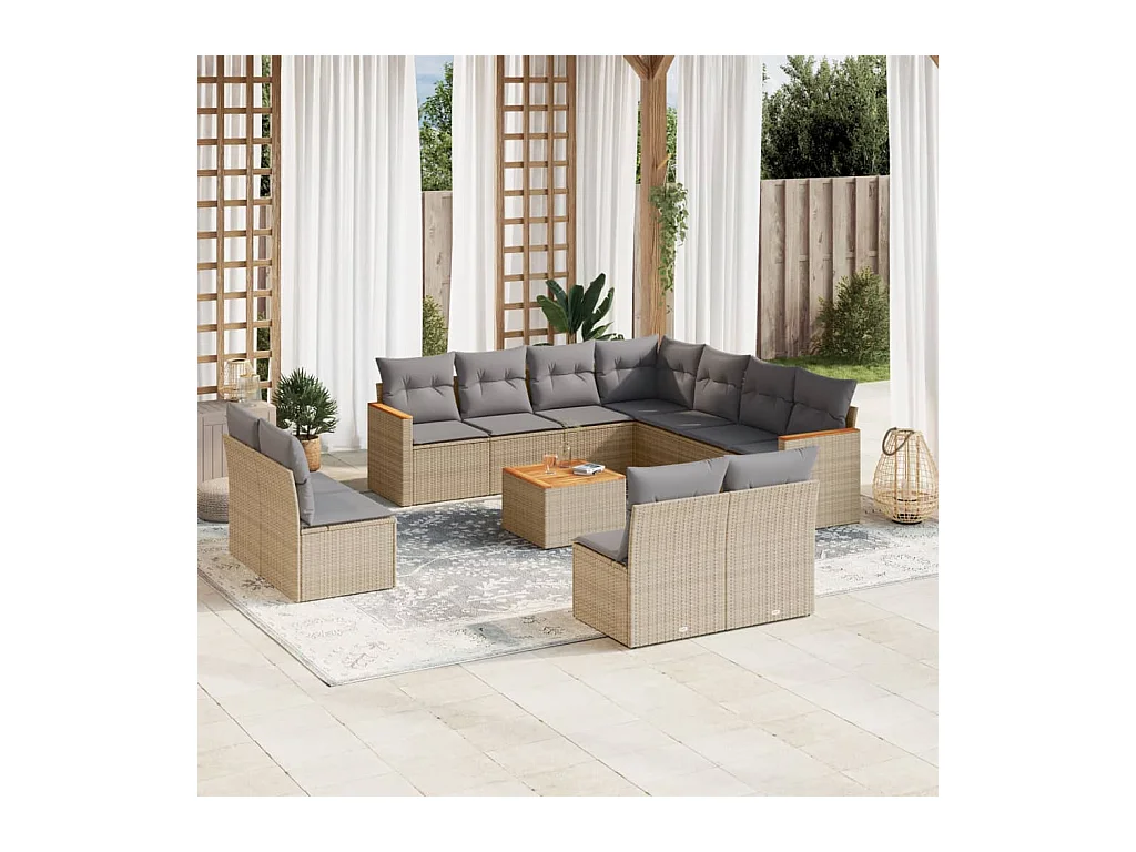 Salon de jardin avec coussins 12 pcs beige résine tressée