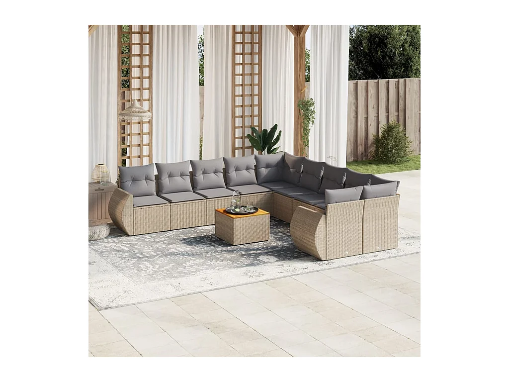 Salon de jardin 11 pcs avec coussins beige résine tressée
