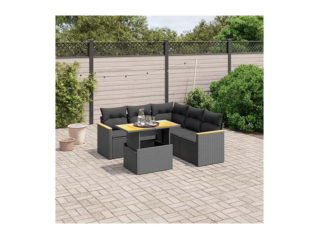 Salon de jardin 6 pcs avec coussins noir résine tressée