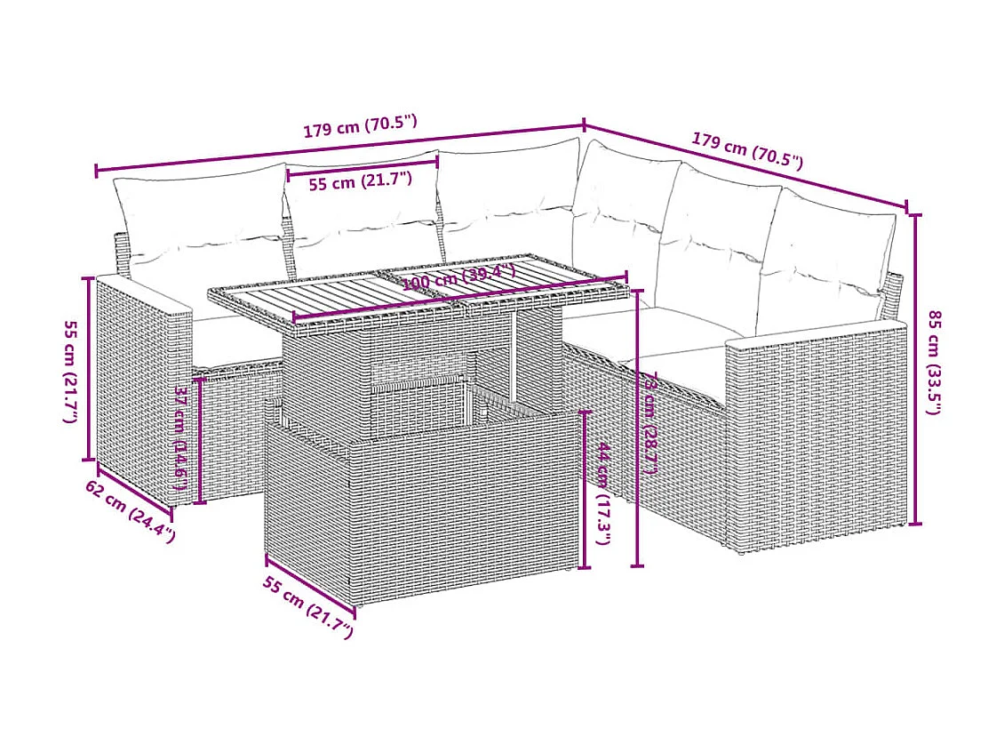 6-tlg. Garten-Sofagarnitur mit Kissen Schwarz Poly Rattan