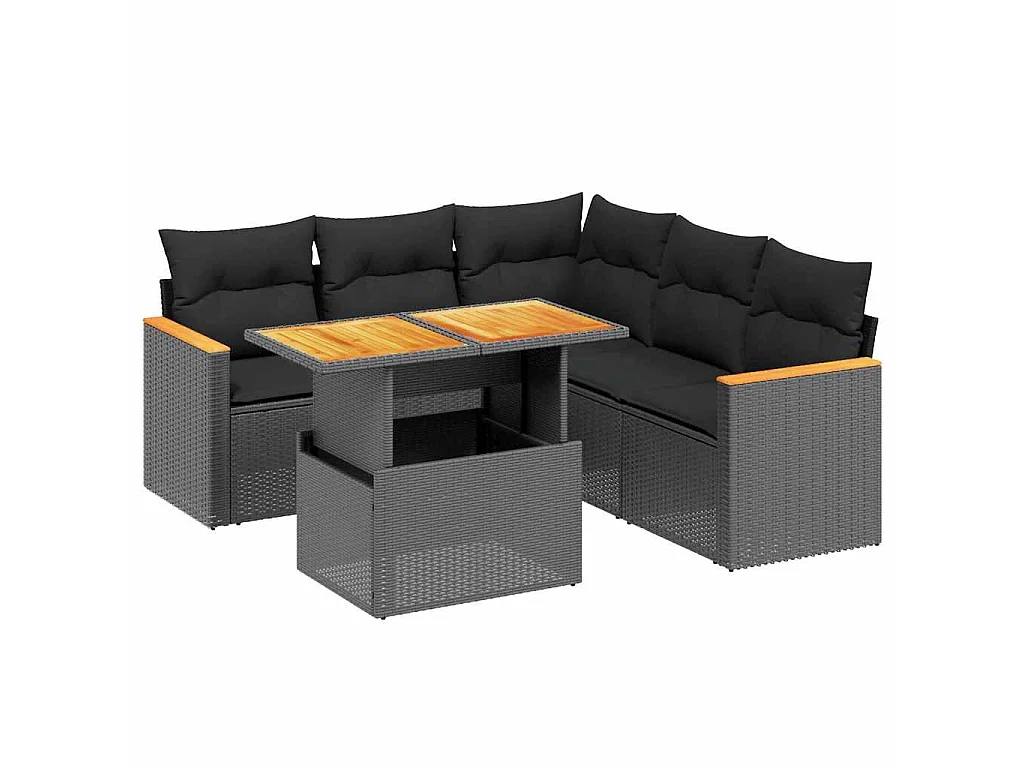 Salon de jardin 6 pcs avec coussins noir résine tressée
