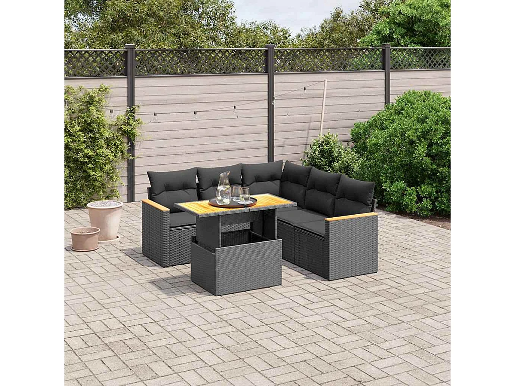 Salon de jardin 6 pcs avec coussins noir résine tressée