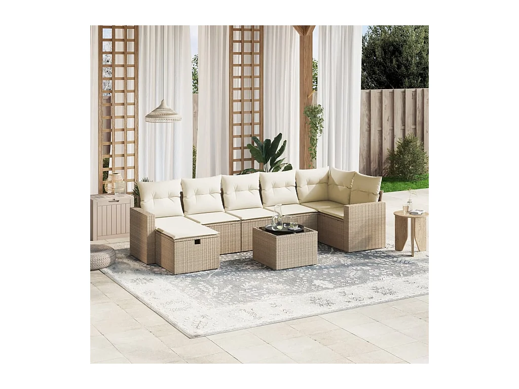 Salon de jardin avec coussins 8 pcs beige résine tressée
